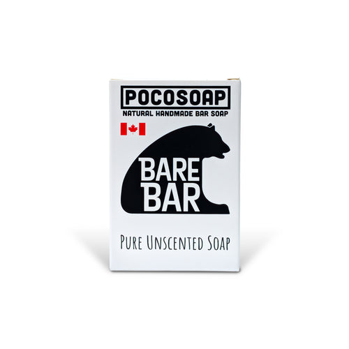 The Bare Bar by PoCo Soap Co. in its minimalist white and black packaging. A 100% natural, unscented bar soap with no added essential oils or dyes, specifically formulated for sensitive skin and babies.