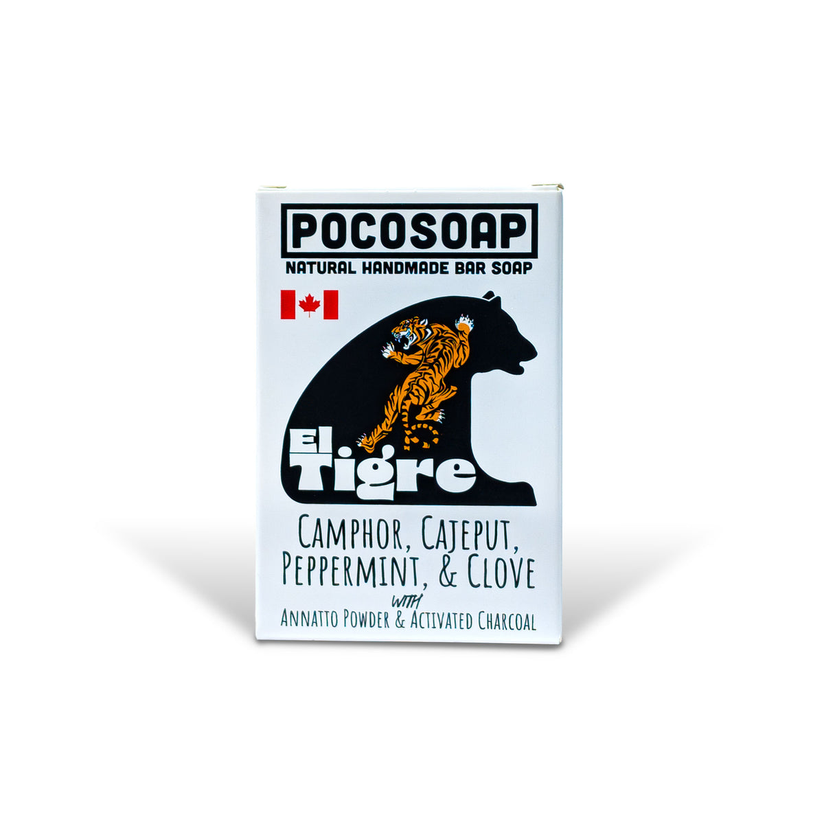 El Tigre muscle recovery soap by PoCo Soap Co. in its black and white packaging with a tiger on it. A 100% natural bar featuring cooling Menthol crystals, Camphor, Cajeput, and Clove essential oils.
