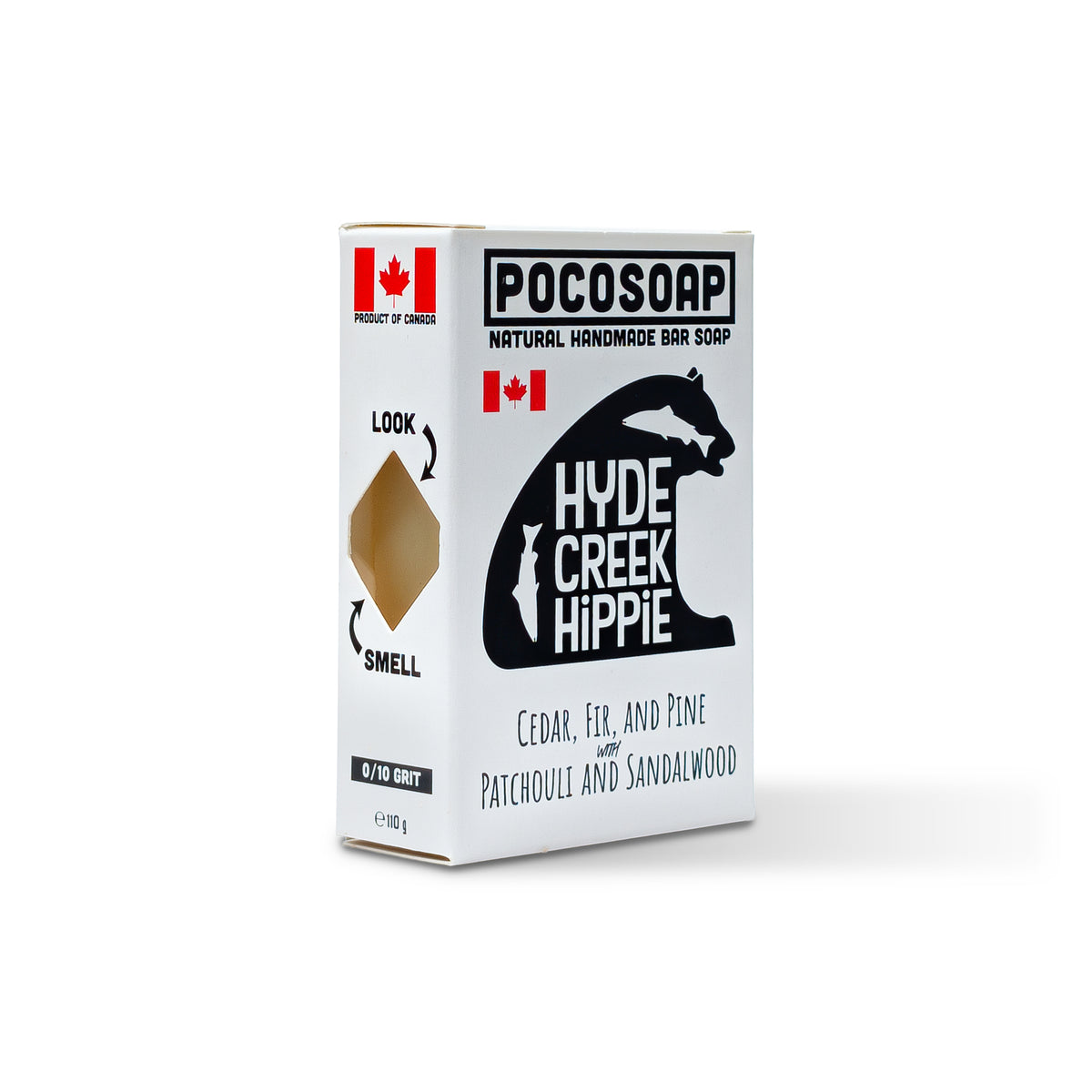 Hyde Creek Hippie natural soap by PoCo Soap Co. in black and white packaging. A 100% natural bar featuring an earthy essential oil blend of Patchouli, Cedarwood, and Pine.