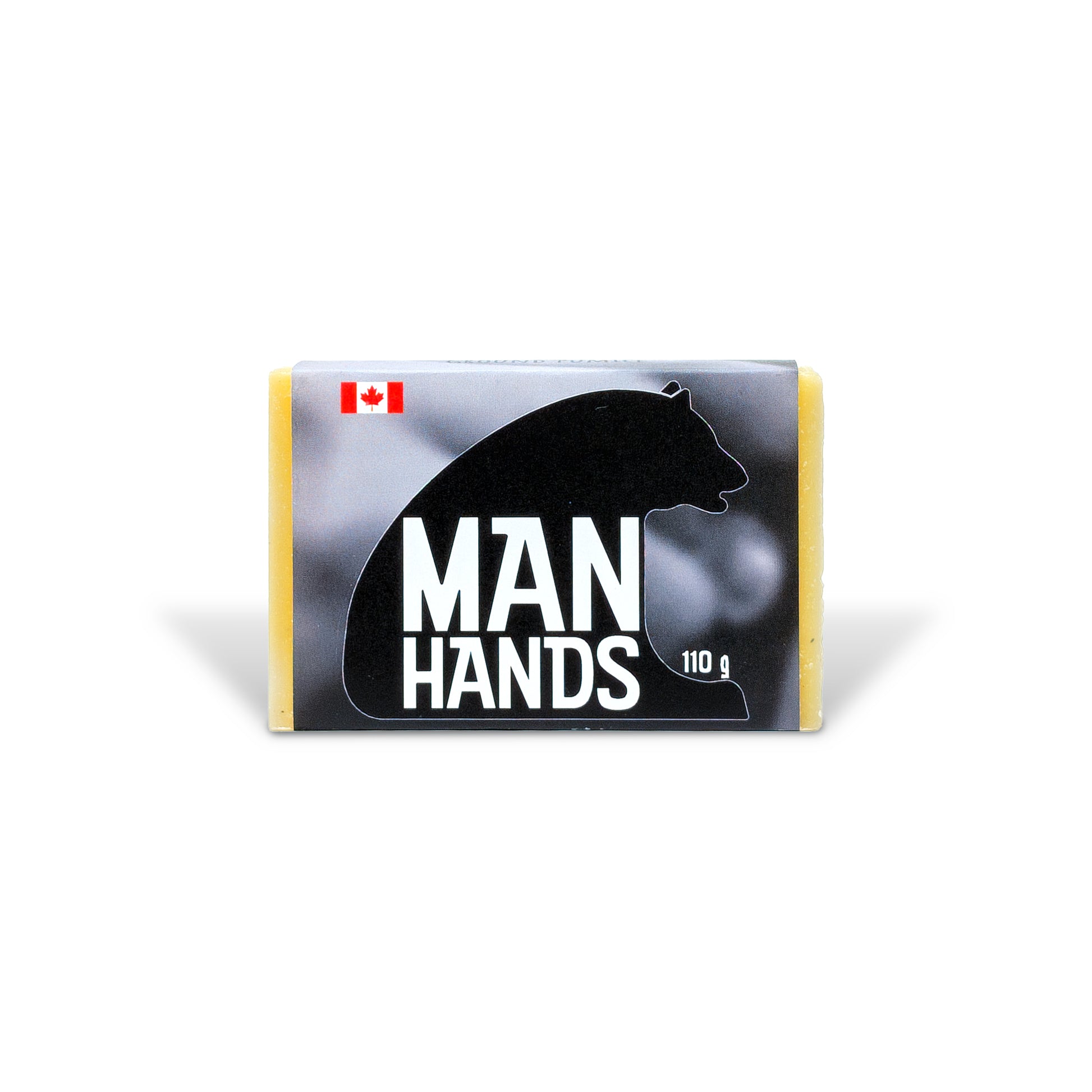 Man Hands heavy-duty exfoliating soap by PoCo Soap Co. in black and white packaging. Features high-grit ground pumice and 100% natural Tangerine essential oil.