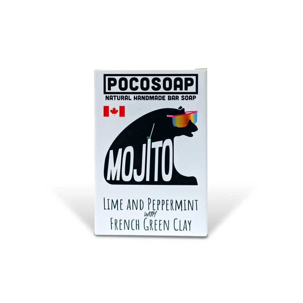 Mojito natural bar soap by PoCo Soap Co. in its black and white packaging. A 100% natural essential oil soap featuring refreshing Lime, tingly Peppermint, and a swirl of detoxifying French Green Clay.