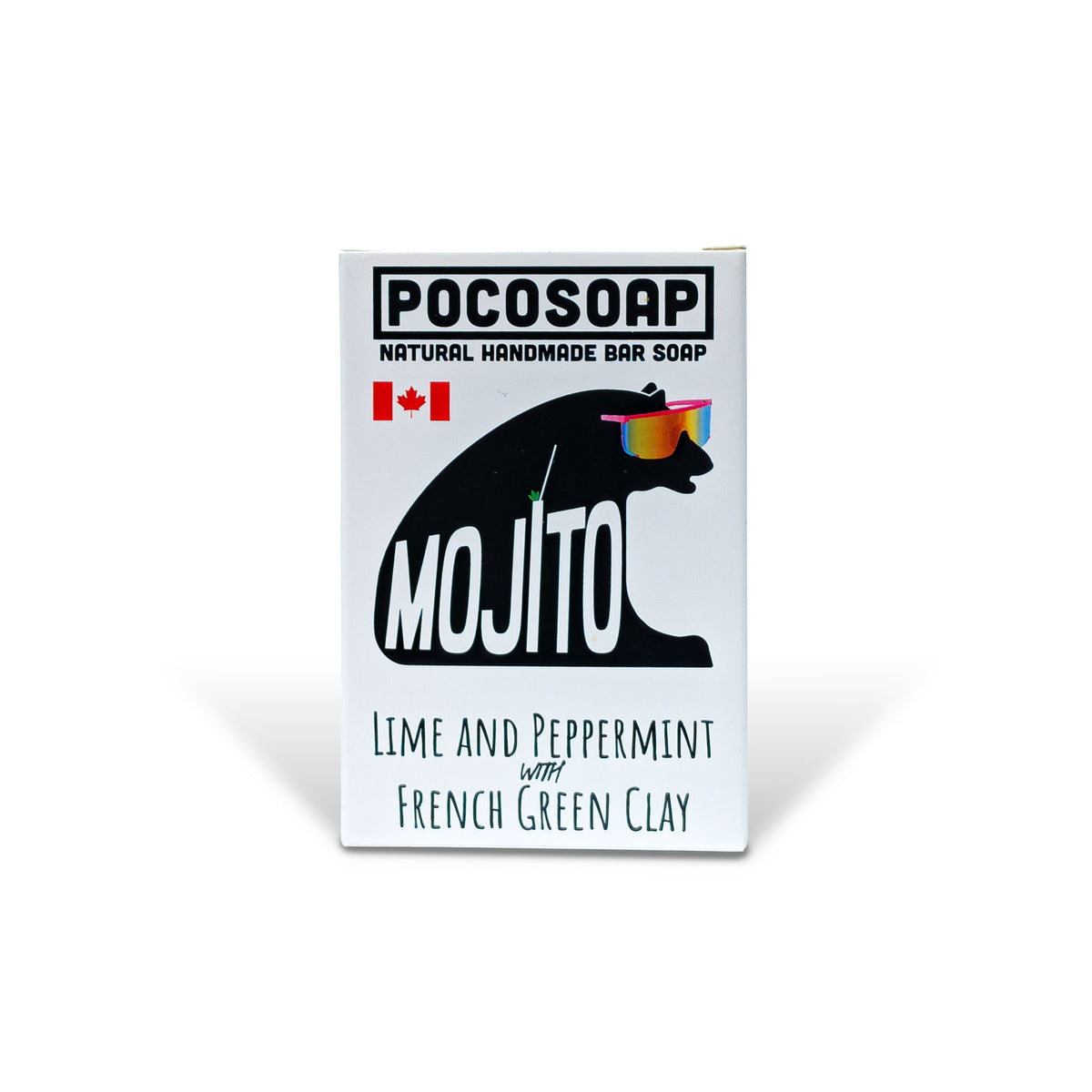 Mojito natural bar soap by PoCo Soap Co. in its black and white packaging. A 100% natural essential oil soap featuring refreshing Lime, tingly Peppermint, and a swirl of detoxifying French Green Clay.