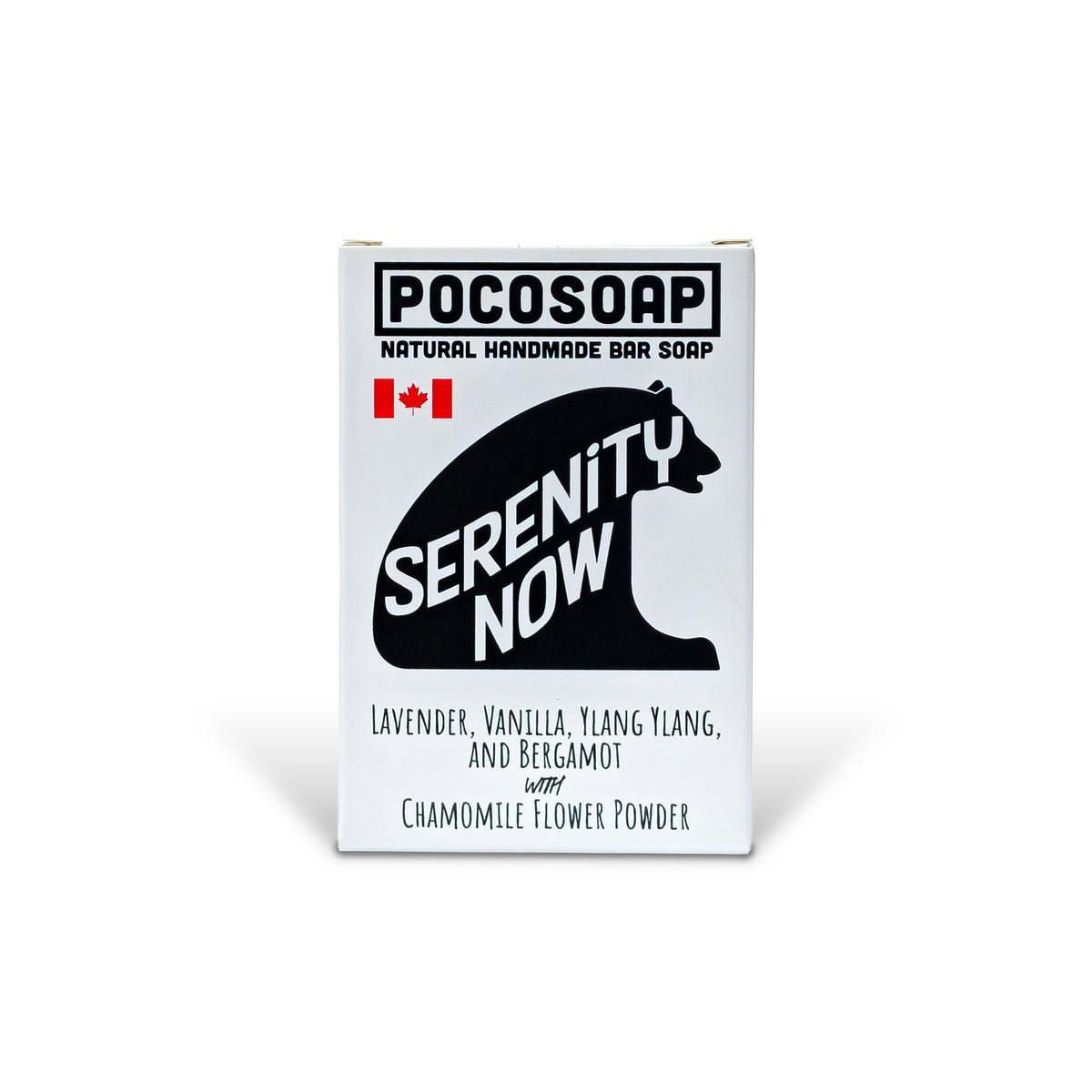 Handcrafted Serenity Now soap bar by PoCo Soap Co. 100% natural essential oil blend of Lavender, Vanilla, Ylang Ylang, and Bergamot. Zero synthetic fragrances, eco-friendly packaging, and plant-based ingredients.