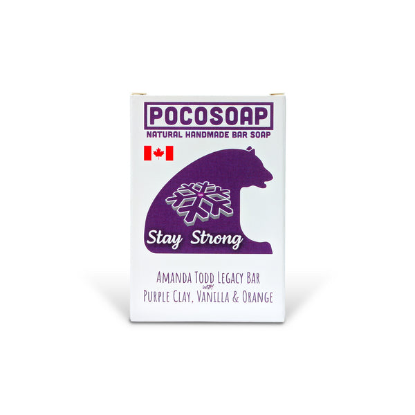 "Stay Strong" Amanda Todd Legacy soap bar in white and purple packaging. Scented with natural vanilla and orange essential oils and colored with natural purple clay. This 100% natural purple clay soap supports anti-bullying awareness and is handcrafted in Port Coquitlam.