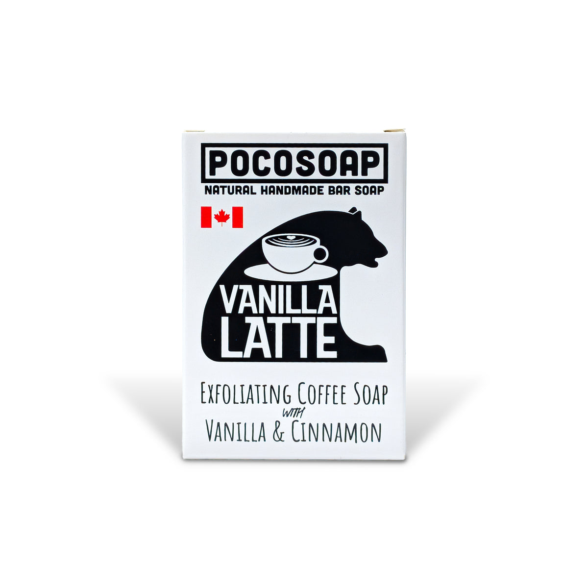 Vanilla Latte exfoliating bar soap by PoCo Soap Co. in black and white packaging. This 100% natural soap features recycled espresso grounds for scrubbing and a sweet Vanilla and Cinnamon essential oil scent.