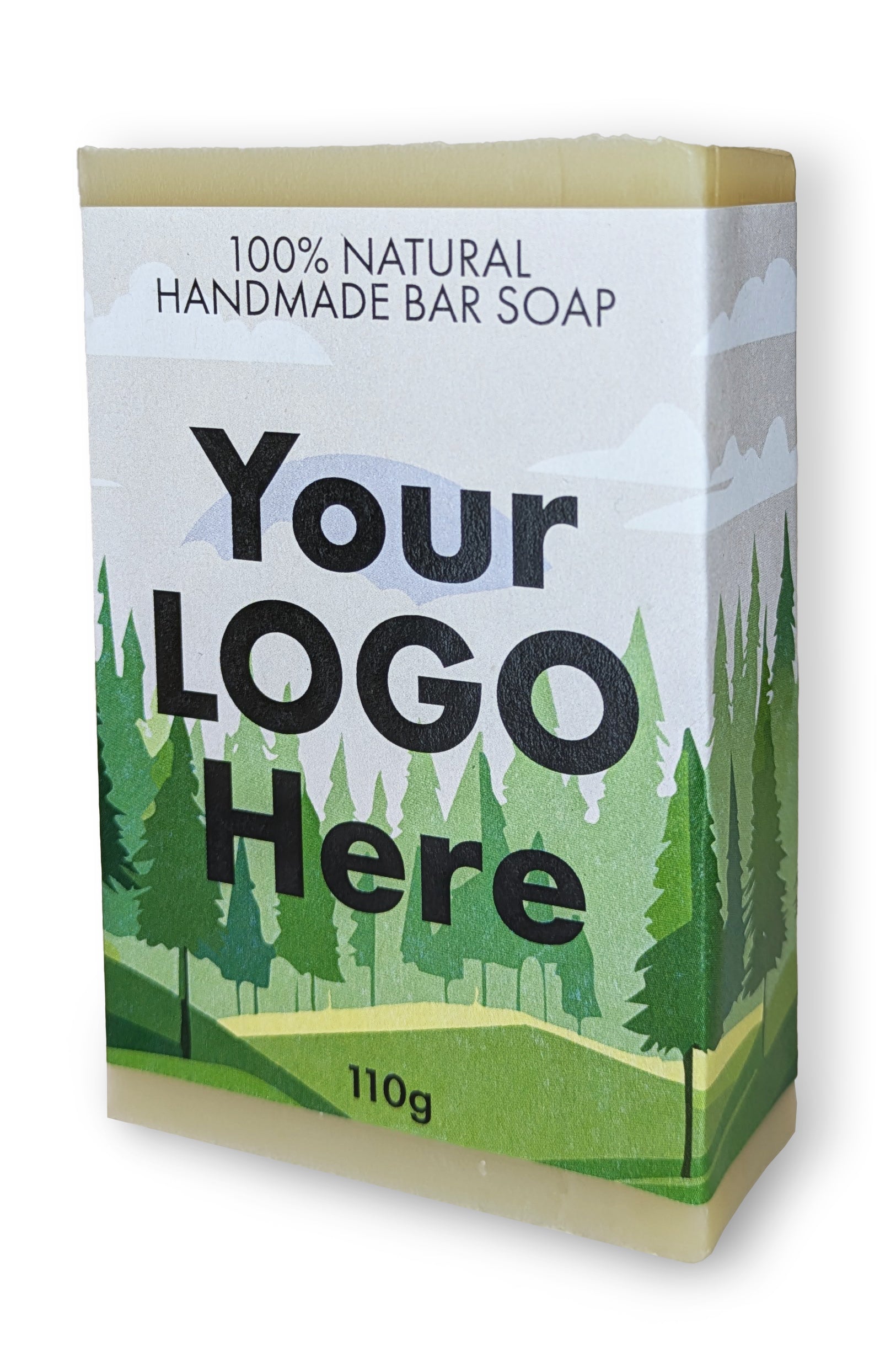 An example of a custom-labeled natural bar soap, showing a nature-themed wrapper with a placeholder for 'Your LOGO Here'.